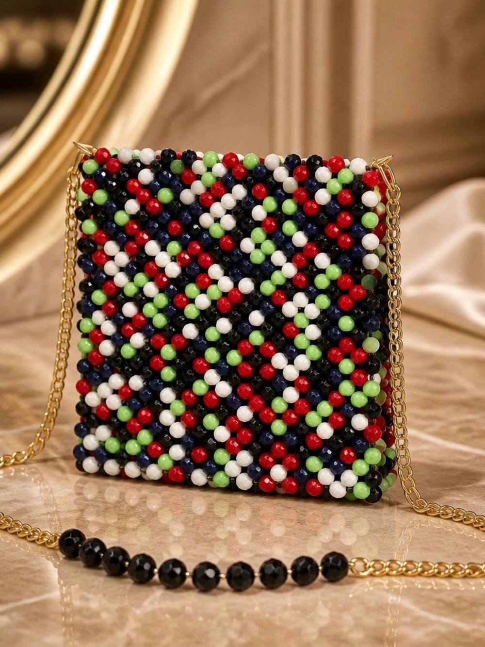 Vintage Beaded Crossbody Bag in Black, Red, White & Green